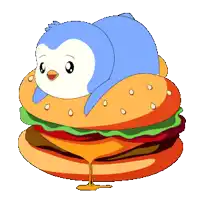 a penguin is laying on top of a hamburger with cheese and lettuce