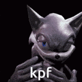 a close up of a sonic the hedgehog 's face with the words `` kpf '' written on it .