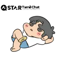 a star tamil chat logo with a cartoon character laying on the ground