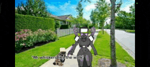 a robot is standing on a sidewalk next to a dog and talking to it .
