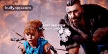a man and a girl are standing next to each other in a video game called alloy and rust horizon zero dawn .