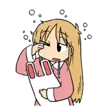 a cartoon girl with long blonde hair is holding a piece of paper in her hand .