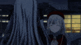 a girl with long white hair is walking in the dark