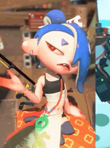 a cartoon character with blue hair and red eyes holds a fishing rod