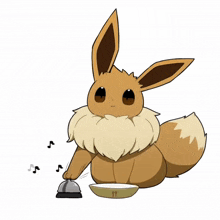 a brown eevee is holding a bell next to a bowl