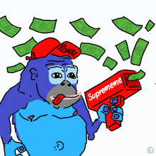 a cartoon of a gorilla with a rowke hat holding a supreme gun