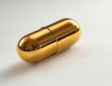 a gold capsule on a white surface that looks like a pill