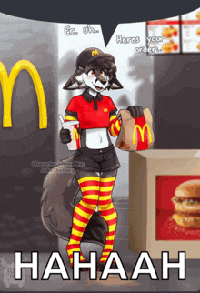 a furry character is standing in front of a mcdonald 's
