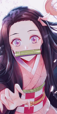 a girl with long hair and purple eyes is wearing a kimono and has a bamboo tube in her mouth