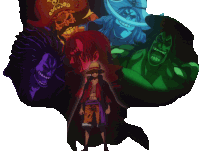a drawing of a man in a straw hat standing in front of a bunch of monsters
