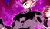 a man in a mask is standing in front of a purple background in a cartoon .