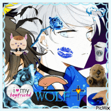 a picture of a boy with a blue rose on his forehead and the words i love my boyfriend wolf