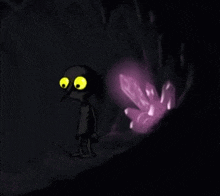 a cartoon character with yellow eyes is standing next to a purple flower