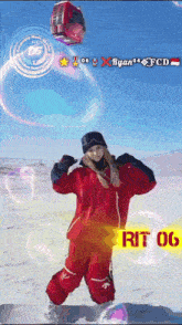 a woman in a red jacket is standing in front of soap bubbles and says rit 06 on the bottom