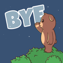 a teddy bear is looking up at the sky with the word bye behind it