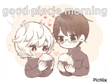 a drawing of two boys holding a rice ball with the words good piece morning written above them