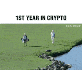 a man walking on a golf course with the words " 5 years in crypto " above him