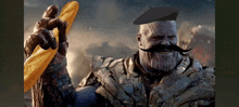 a man with a mustache and beret is holding a baguette