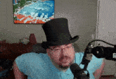 a man wearing a top hat stands in front of a microphone