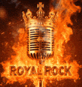 a microphone with a crown on it and the words royal rock in flames