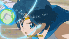 a close up of a cartoon character with the words mercury aqua mist on the bottom
