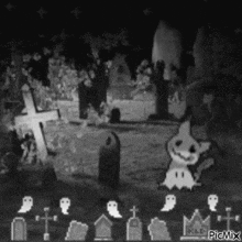 a black and white photo of a cemetery with ghosts and crosses