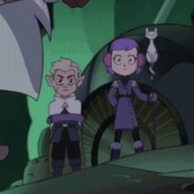a couple of cartoon characters standing next to each other with a cat on their head