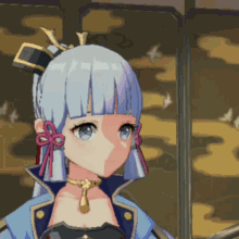 a close up of a girl with blue hair and a necklace