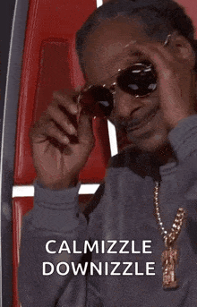 snoop dogg is wearing sunglasses and a necklace while sitting in a red chair .