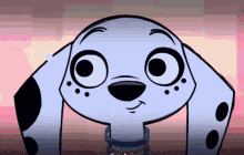 a cartoon dalmatian dog with a blue collar is smiling