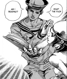 a black and white drawing of a man reading a book next to a woman who says " am i reading "