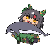 a cartoon of a girl holding a dolphin in her mouth