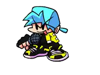a cartoon character is holding a microphone and wearing a blue hat .