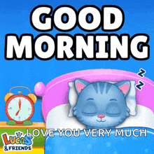 a blue cat is sleeping in a bed with the words good morning love you very much