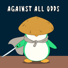 a penguin holding a sword with the words " against all odds " behind him