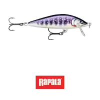a purple and white fishing lure with a rapala logo behind it