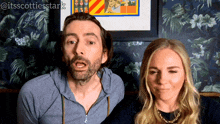 a man with a beard and a woman with blonde hair are posing for a picture with the caption " itsscottiesstark " on it