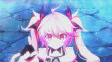 a girl with pink hair and purple horns is pointing at something