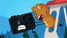 a cartoon character is holding a camera with the number 0 on it 's face