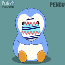 a penguin holding an easter egg on its head with the name pengu on the bottom