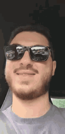 a man with a beard wearing sunglasses is smiling in a car .
