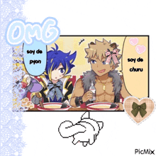 a cartoon of a boy with a bow on his head says omg soy de pyon