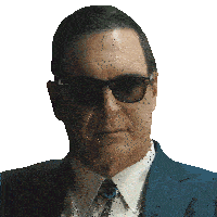 a man wearing sunglasses and a blue suit looks at the camera