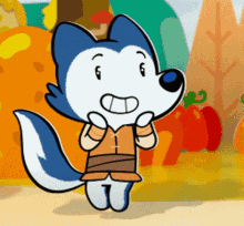 a cartoon drawing of a wolf wearing a brown and white outfit