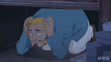 a cartoon of a man crawling under a shelf with a netflix logo in the background