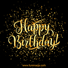 a black background with gold confetti and the text happy birthday