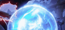 a person is standing in front of a blue sphere with a red light coming out of it