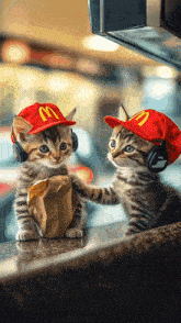two kittens wearing mcdonald 's hats and headphones holding a bag of food
