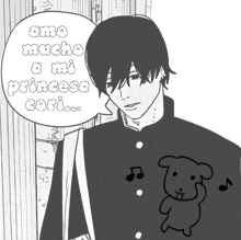 a black and white drawing of a boy with a speech bubble that says amo mucho a mi princesa cori