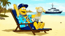 a cartoon character is sitting in a chair on a beach holding a trophy .